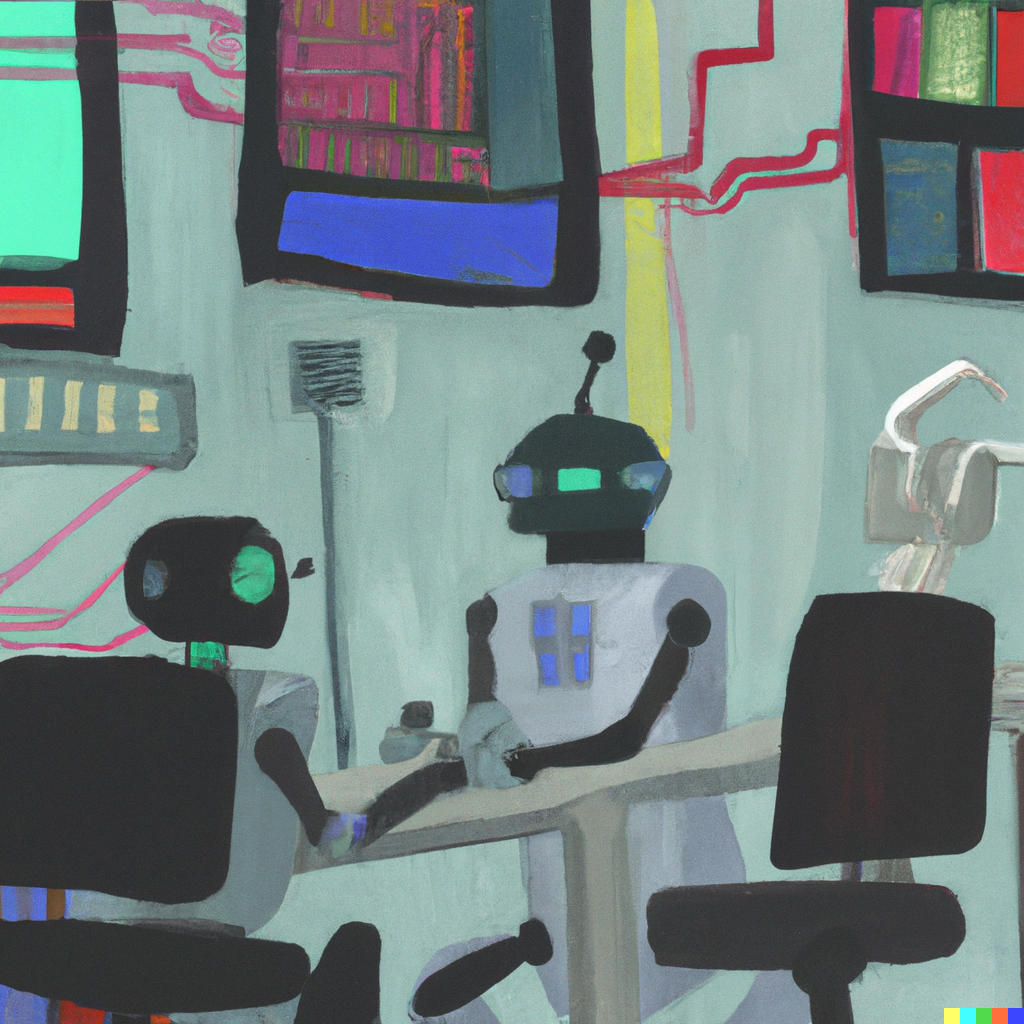 DALL-E Generated image: robots having a conversation in a computer lab