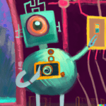 DALL-E Generated painting of a bipedal robot with camera and giant eyeball.