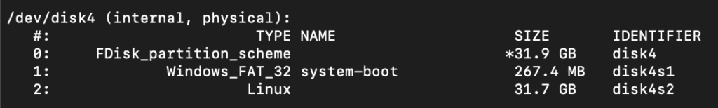 screenshot of the results of diskutil list command