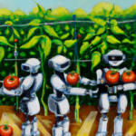 DALL-E Generated painting of three bipedal robots picking and carrying tomatoes - very stylized