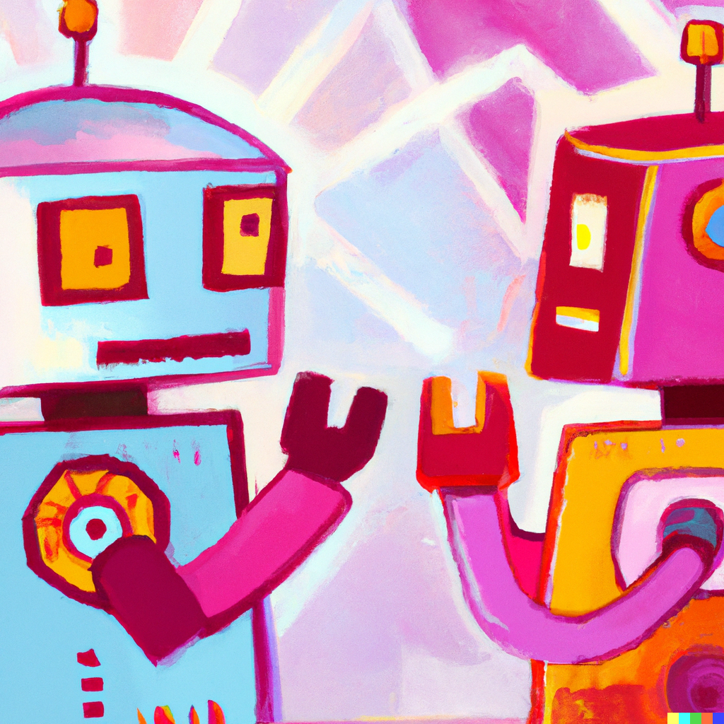 DALL-E generated painting of two robots talking