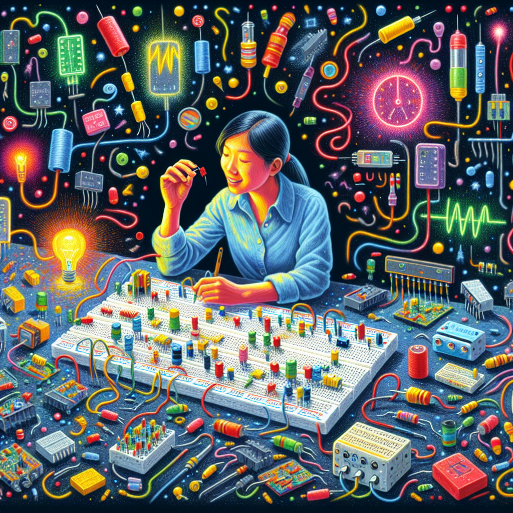 DALL-E Generated Image: What is a breadboard and what are the pros and cons of using them? Color drawing of a woman happily working with a giant version of a breadboard while surrounded with various electronic parts like resistors, capacitors, power supplies, LEDs, light bulbs and circuit boards