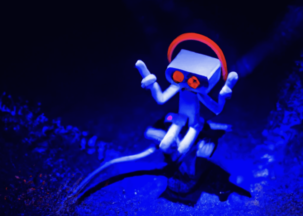 Small white robot in a dark purple room connecting to wifi via a red round antenna on its head